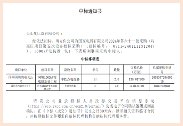 我司中标国网1000kV电抗器